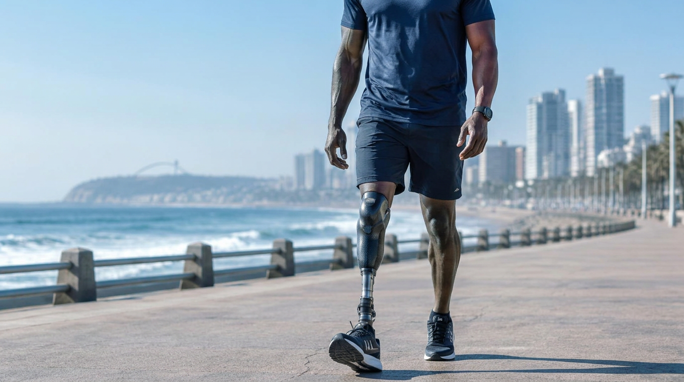 Person walking along the Durban promenade with a lower-limb prosthesis, shown without their face
